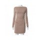  Autumn Solid Pullover Ruched Long Sleeve Dress