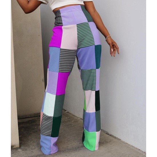 Plaid Color Blocking High Waist Flare Pants