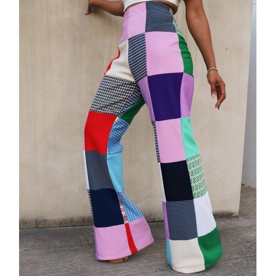 Plaid Color Blocking High Waist Flare Pants