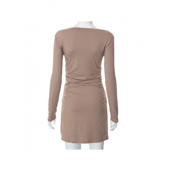  Autumn Solid Pullover Ruched Long Sleeve Dress