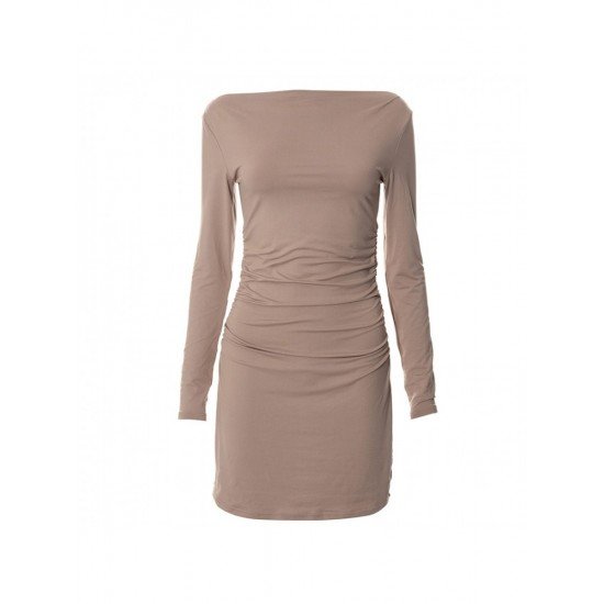  Autumn Solid Pullover Ruched Long Sleeve Dress