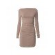  Autumn Solid Pullover Ruched Long Sleeve Dress