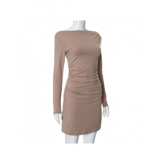  Autumn Solid Pullover Ruched Long Sleeve Dress