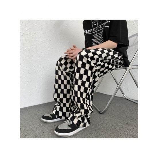 Drawstring Grid Black White Loose Trousers