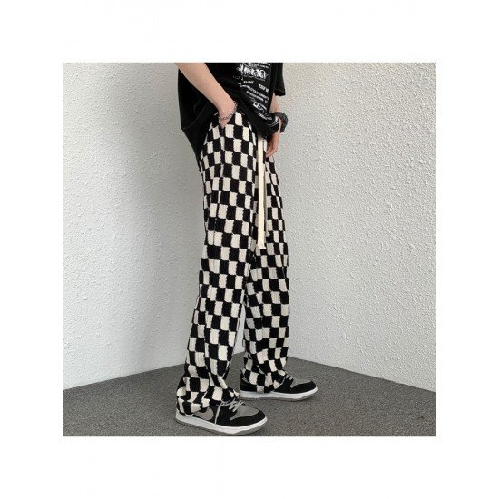 Drawstring Grid Black White Loose Trousers