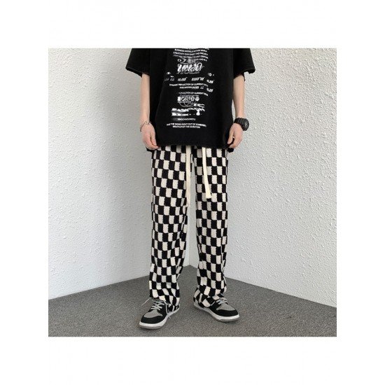 Drawstring Grid Black White Loose Trousers