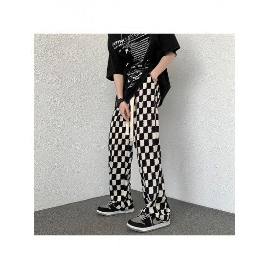 Drawstring Grid Black White Loose Trousers