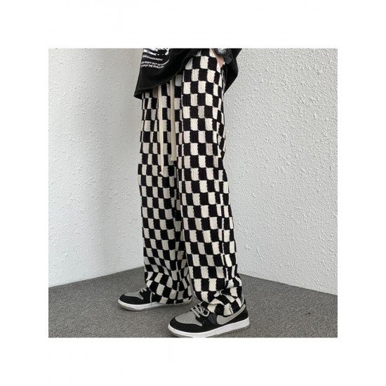 Drawstring Grid Black White Loose Trousers