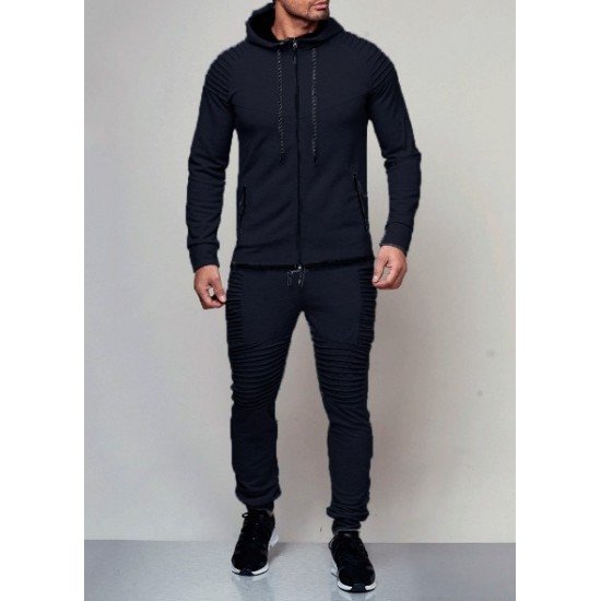  Pure Color Hooded Casual Men's Long Suits