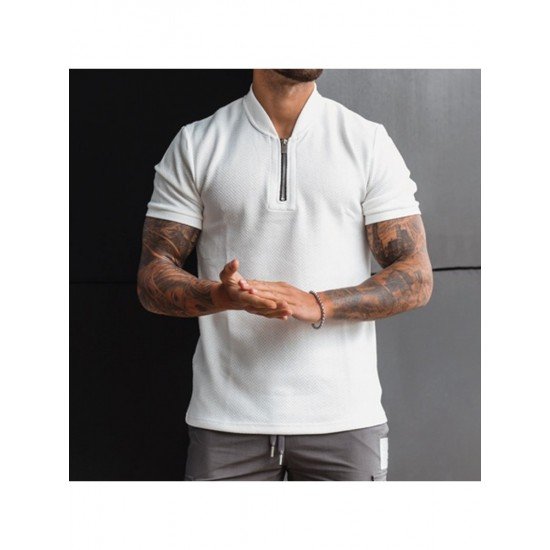  Men Pure Color Zipper Short Sleeve Polo Shirt