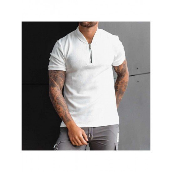  Men Pure Color Zipper Short Sleeve Polo Shirt