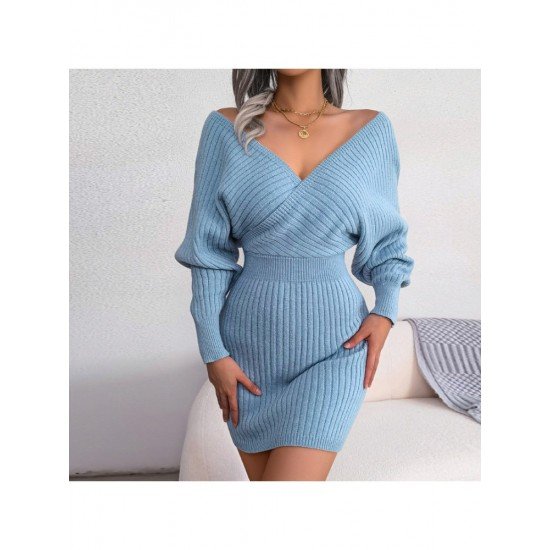 Bat Sleeve V Neck Solid Long Sleeve Dresses