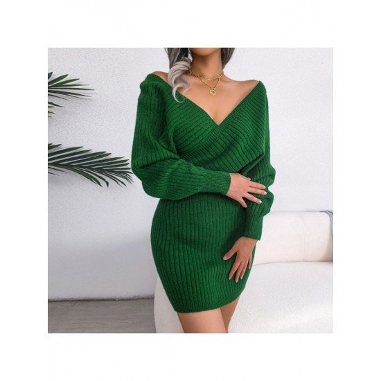 Bat Sleeve V Neck Solid Long Sleeve Dresses