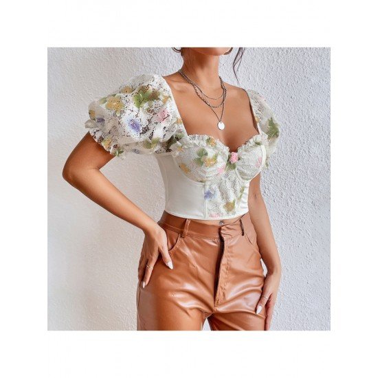  Sexy Puff Sleeve Flower Women's Short Sleeve Top