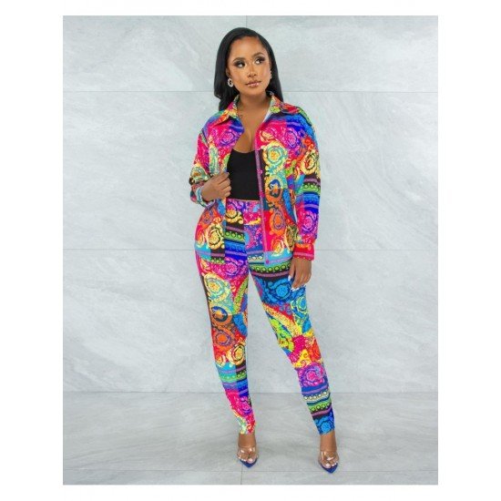 Fashion Casual Printed Long Sleeve Trousers Suit