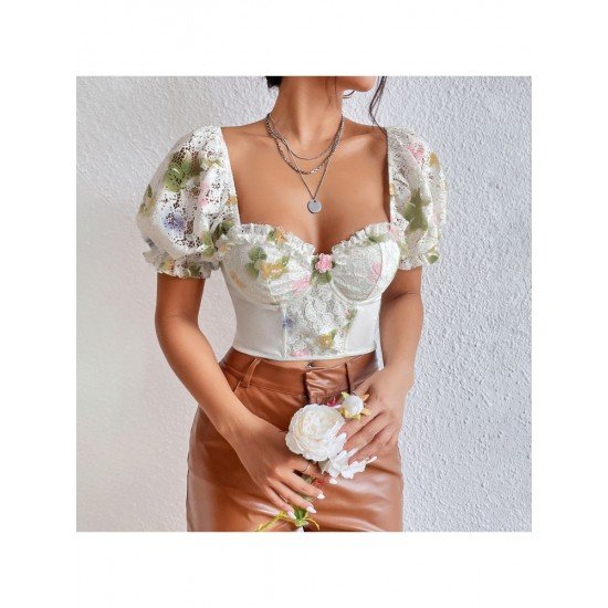  Sexy Puff Sleeve Flower Women's Short Sleeve Top