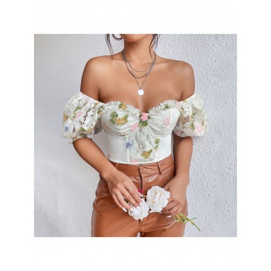  Sexy Puff Sleeve Flower Women's Short Sleeve Top