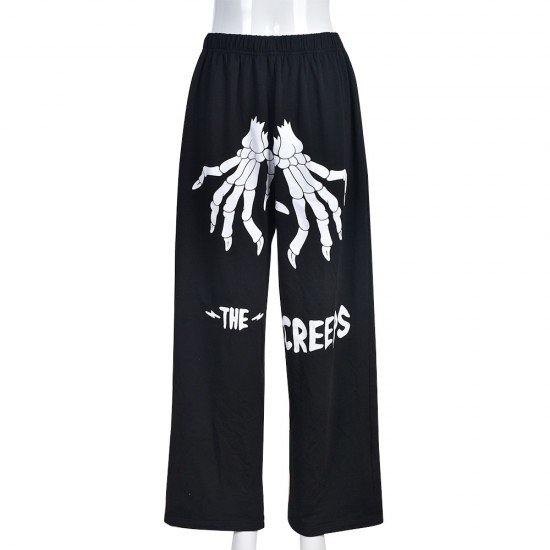 Elastic Waist Black Skeleton Women Pants