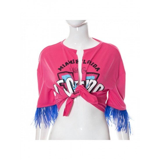  Casual Letter Printing Feather Patchwork Crop Cardigan