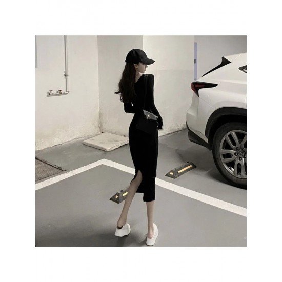  Pure Color Slim Long Sleeve Dress For Women