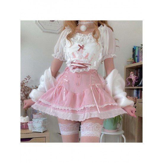  Sweet Pink Lace Cake Skirt For Girls