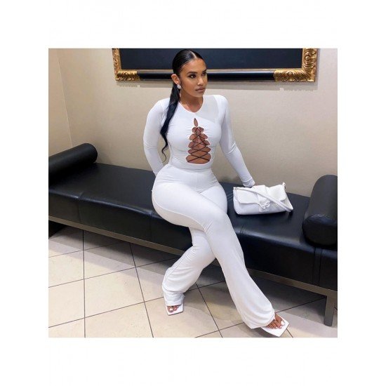 Fall White Cut Out Long Sleeve Skinny Jumpsuits