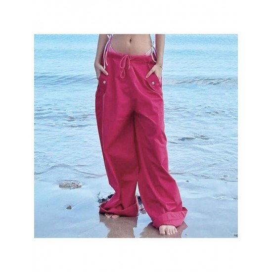 Trendy Solid Wide Leg Drawstring Casual Trousers