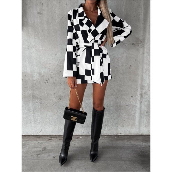 Grid Black White Long Sleeve Blazer Coats