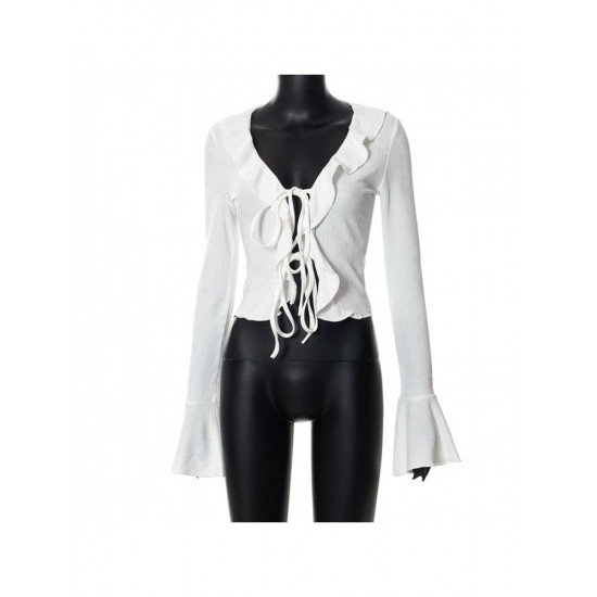 Sexy White V Neck Tie Wrap Ladies Tops