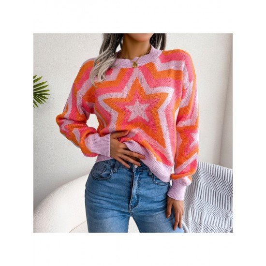  Women's Round Neck Star Geometric Pattern Sweater