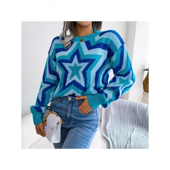  Women's Round Neck Star Geometric Pattern Sweater