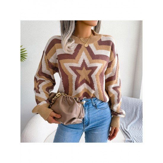  Women's Round Neck Star Geometric Pattern Sweater