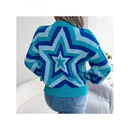  Women's Round Neck Star Geometric Pattern Sweater