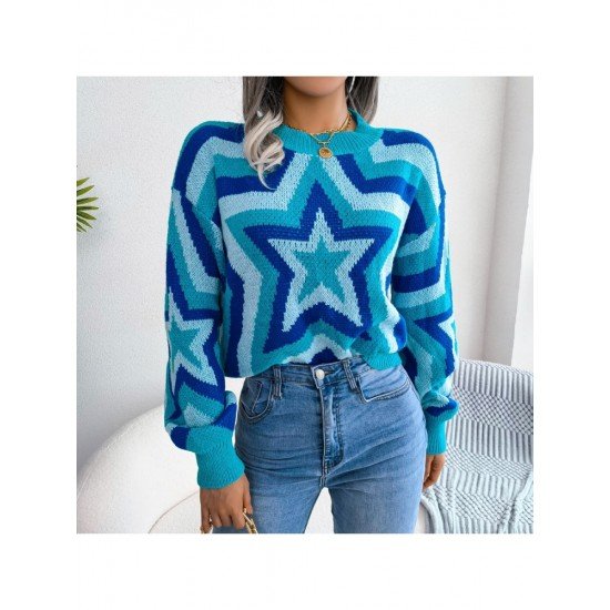  Women's Round Neck Star Geometric Pattern Sweater