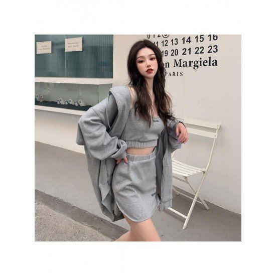  Loose Hooded Pure Color Skirt Three-Piece Set