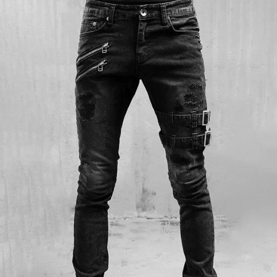  Fashion Pure Color Zipper Men's Denim Jeans