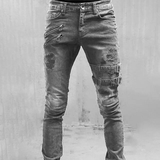  Fashion Pure Color Zipper Men's Denim Jeans