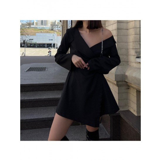 Fall Stylish Ladies Black V Neck Short Dresses