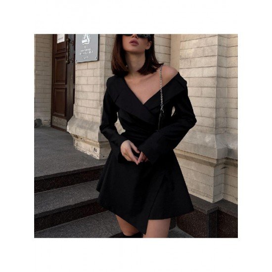 Fall Stylish Ladies Black V Neck Short Dresses