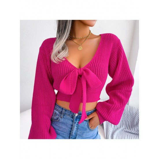 Lantern Sleeve Bow V Neck Loose Short Sweaters