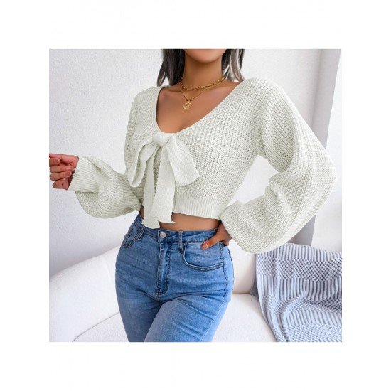 Lantern Sleeve Bow V Neck Loose Short Sweaters