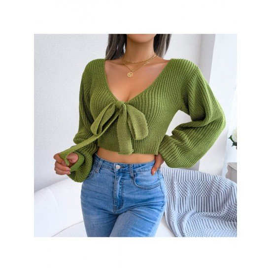 Lantern Sleeve Bow V Neck Loose Short Sweaters