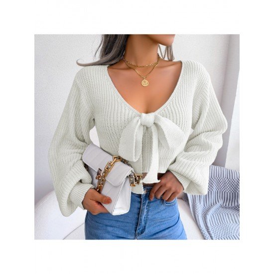 Lantern Sleeve Bow V Neck Loose Short Sweaters