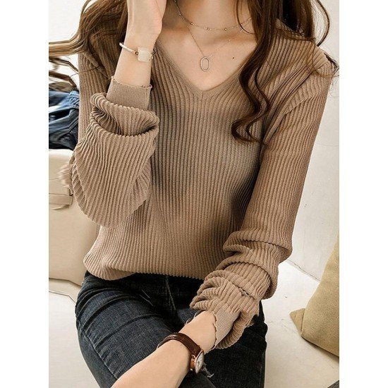  2022 Pure Color V-Neck Women Knitwear