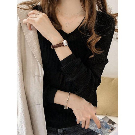  2022 Pure Color V-Neck Women Knitwear