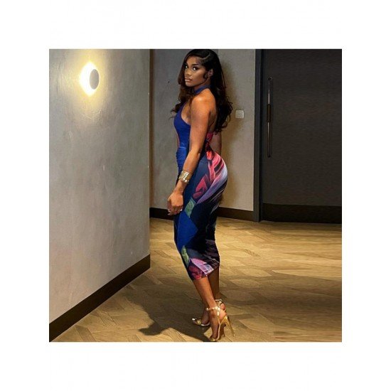 Ladies Backless Halter Printed Sleeveless Maxi Dress