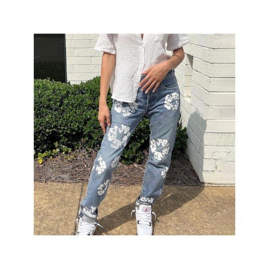 Printed Straight Leg Blue Women Jeans