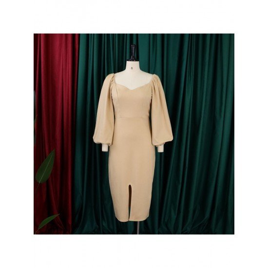 Latest Solid Lantern Sleeve Backless Long Sleeve Dress