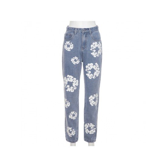 Printed Straight Leg Blue Women Jeans