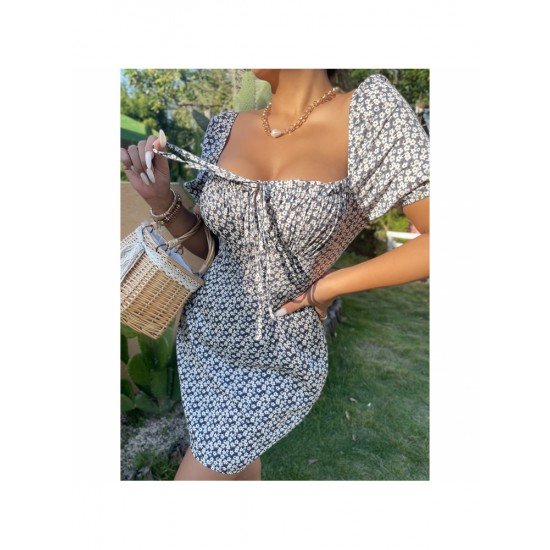  Summer Square Collar Floral Backless Women's Short Dress